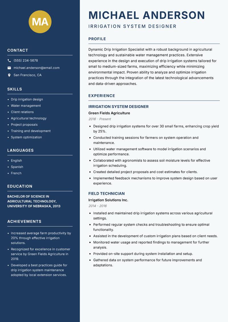 Drip Irrigation Specialist resume template — Classic Clean