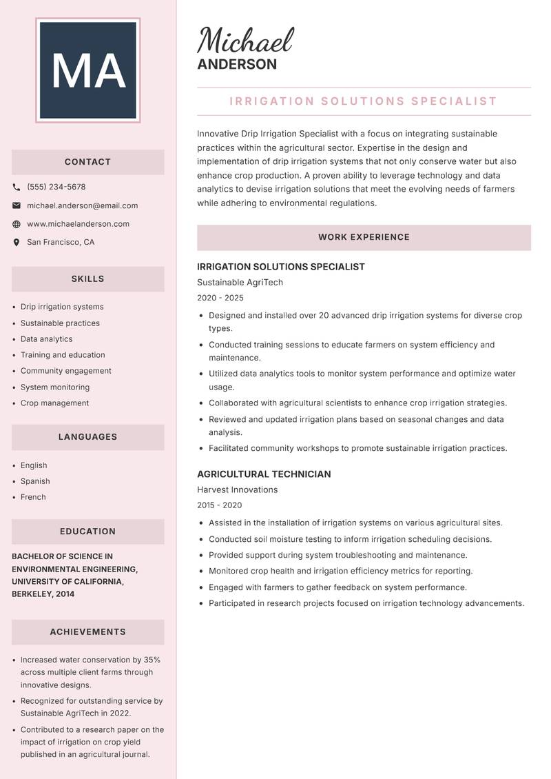 Drip Irrigation Specialist resume template — Executive