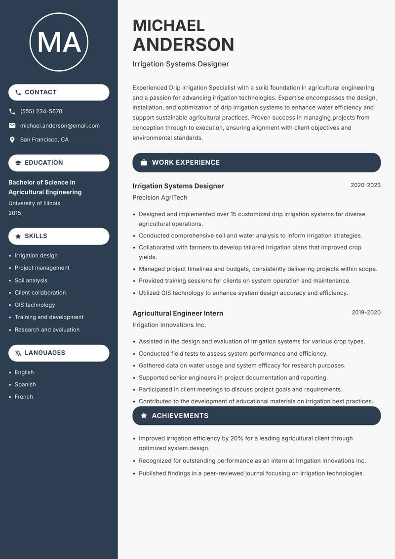 Drip Irrigation Specialist resume template — Compact