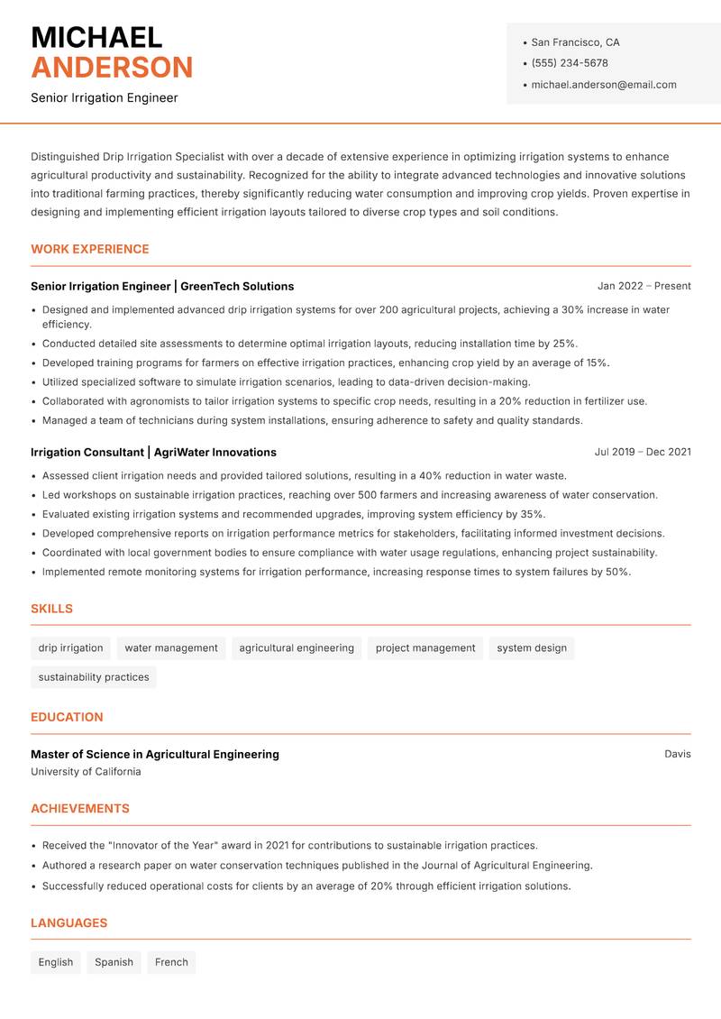 Drip Irrigation Specialist resume template — Modern Professional