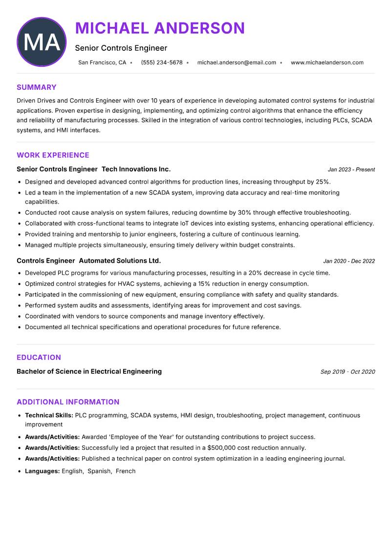 Drives and Controls Engineer resume example — ATS-friendly template