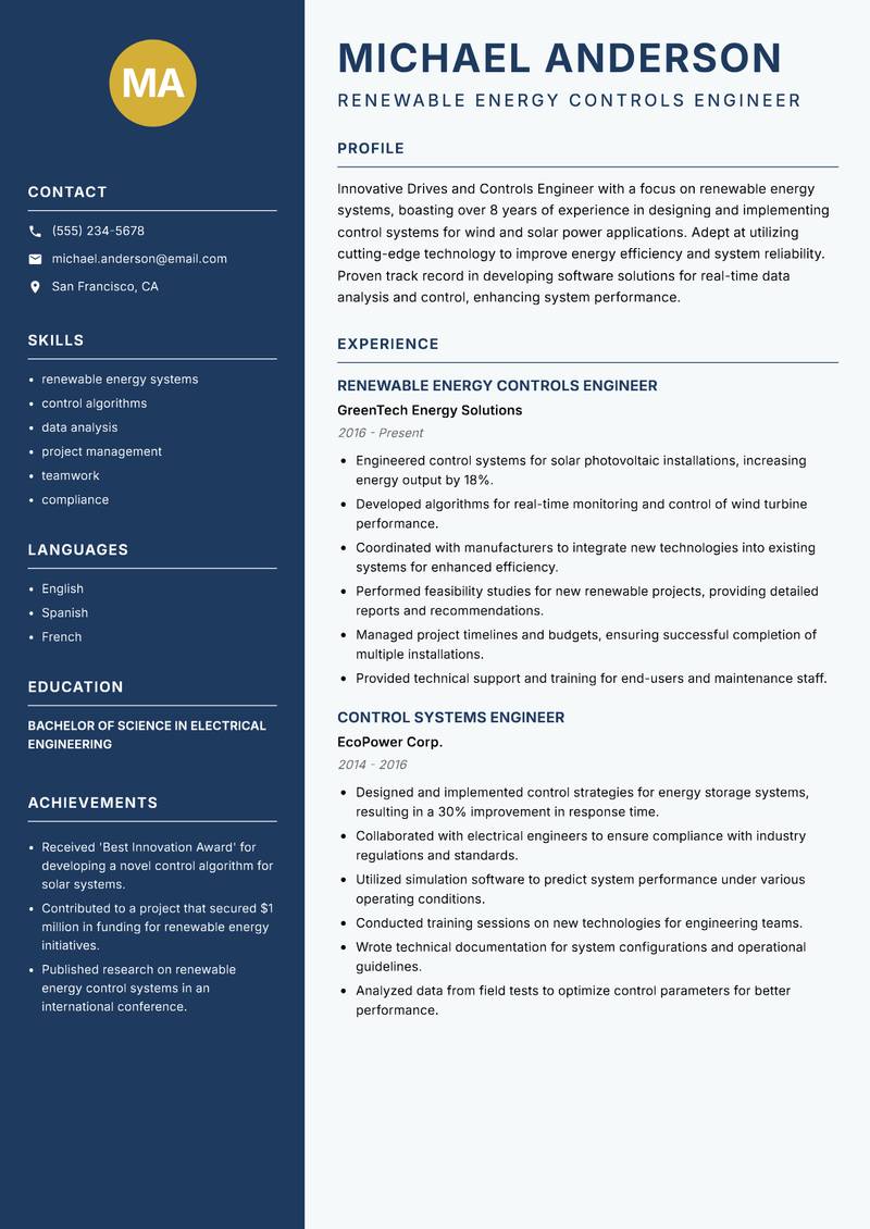 Drives and Controls Engineer resume template — Classic Clean