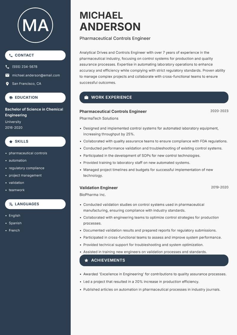 Drives and Controls Engineer resume template — Compact