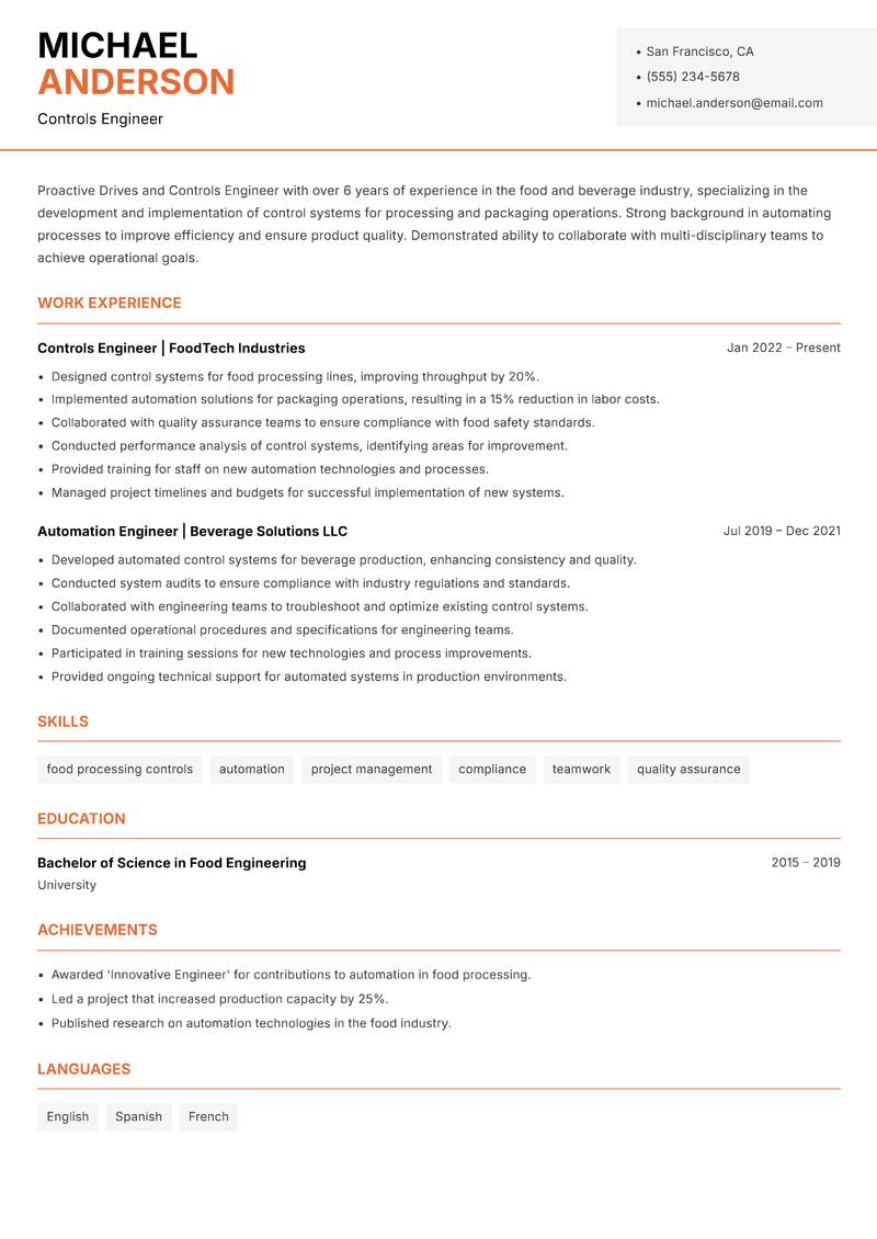Drives and Controls Engineer resume template — Modern Professional
