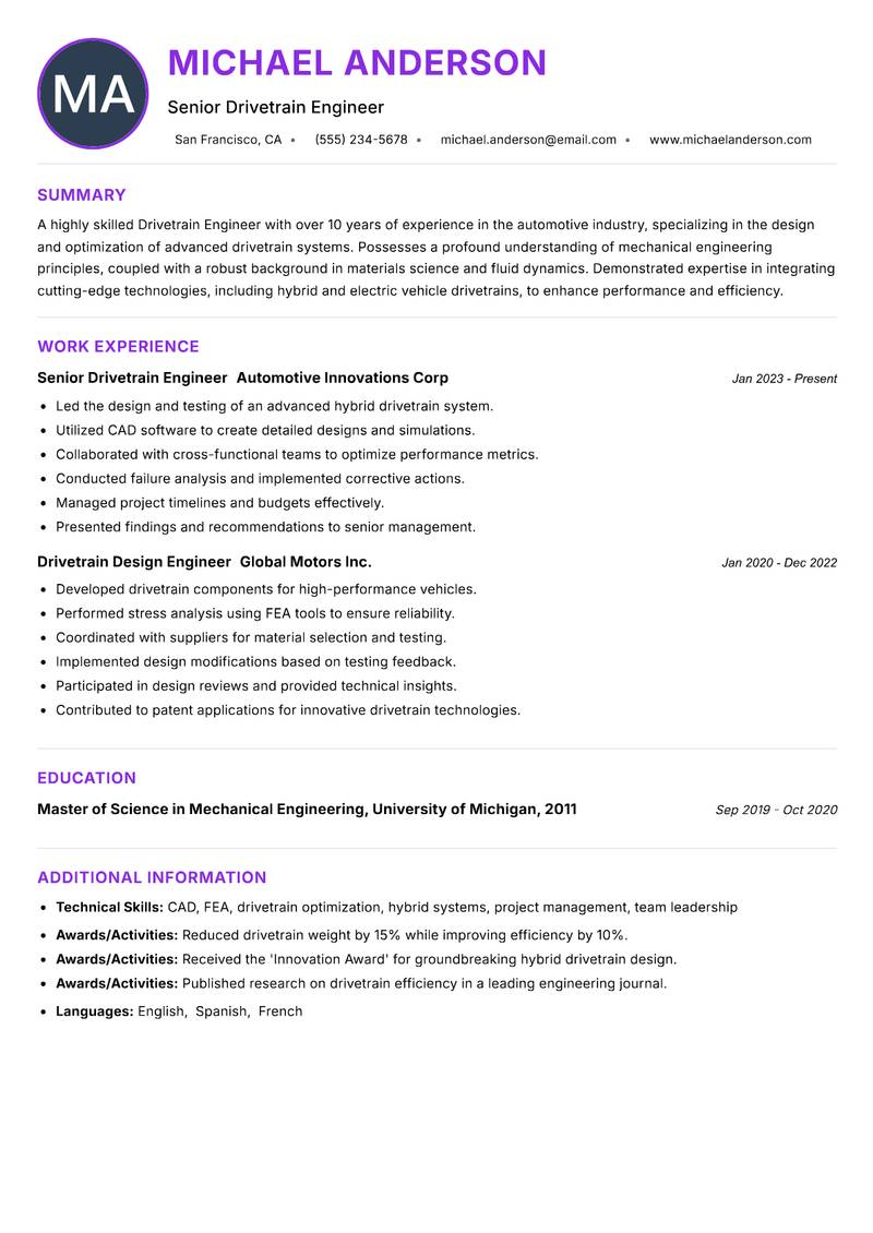 Drivetrain Engineer resume example — ATS-friendly template