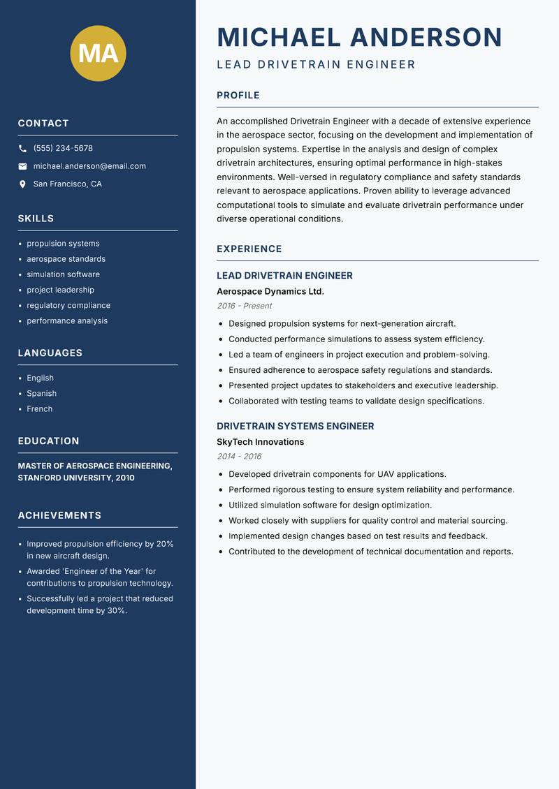 Drivetrain Engineer resume template — Classic Clean
