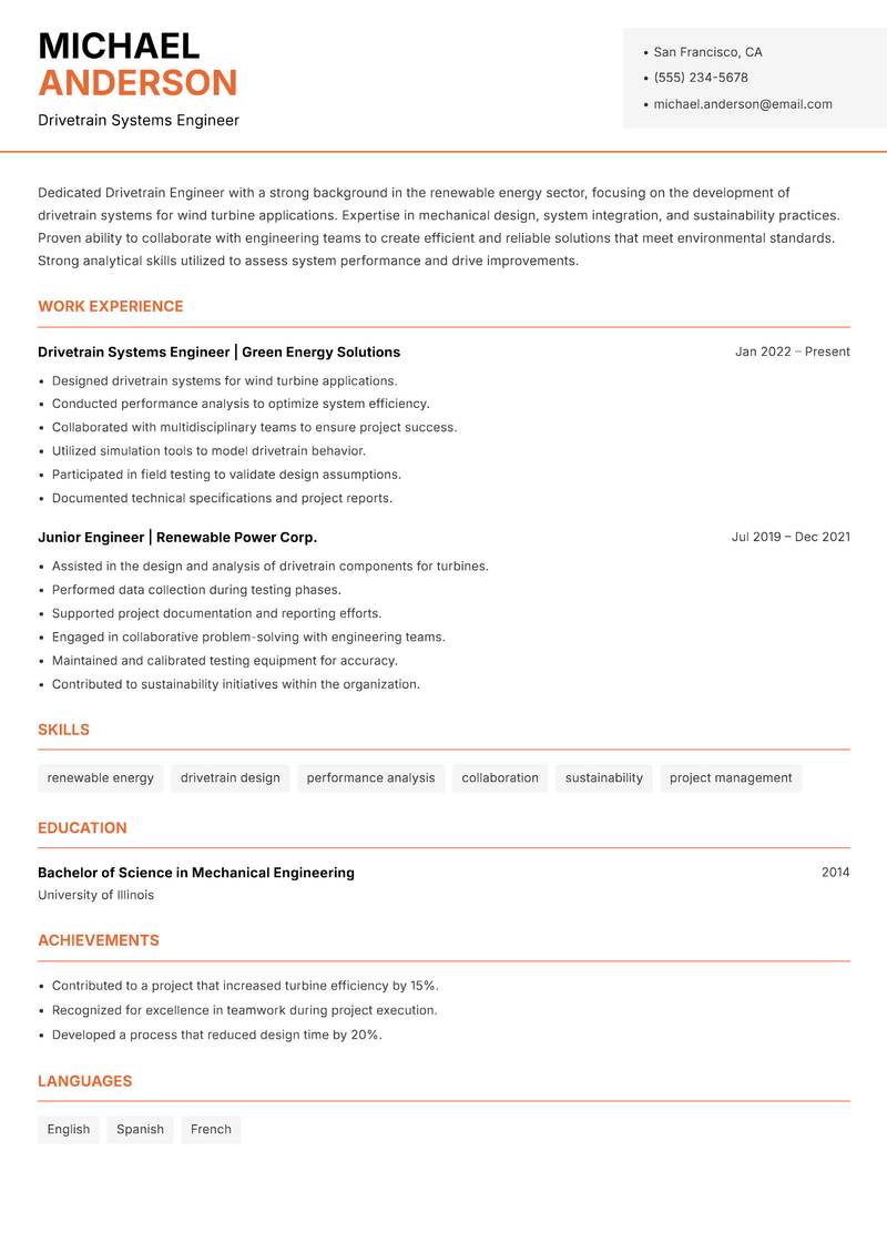 Drivetrain Engineer resume template — Modern Professional