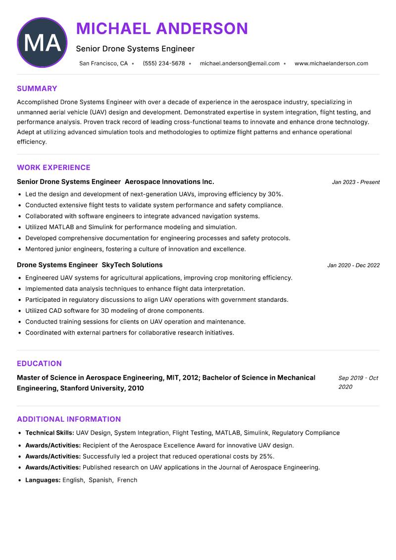 Drone Systems Engineer resume example — ATS-friendly template