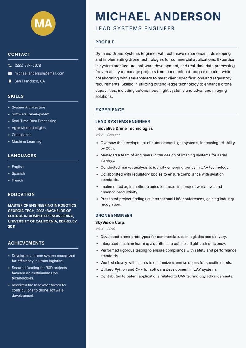 Drone Systems Engineer resume template — Classic Clean