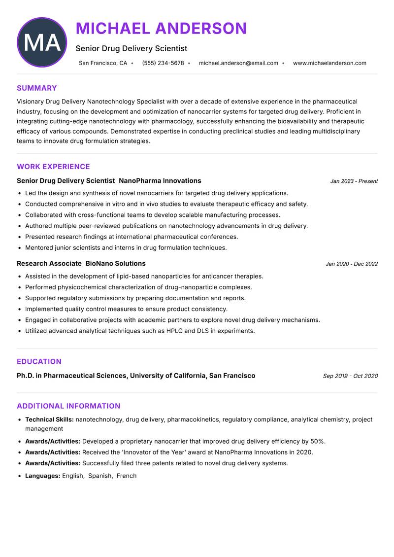 Drug Delivery Nanotechnology Specialist resume example — ATS-friendly template