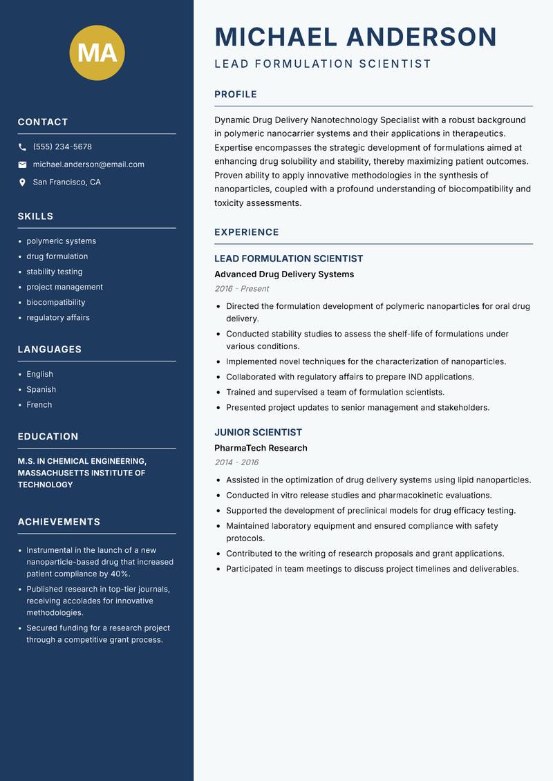 Drug Delivery Nanotechnology Specialist resume template — Classic Clean
