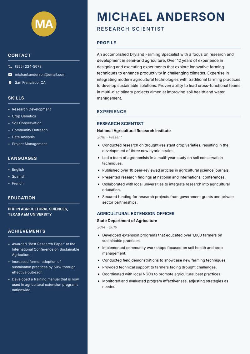 Dryland Farming Specialist resume template — Classic Clean