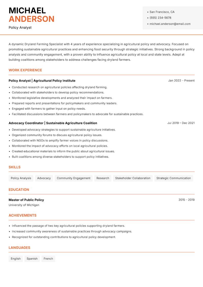Dryland Farming Specialist resume template — Modern Professional