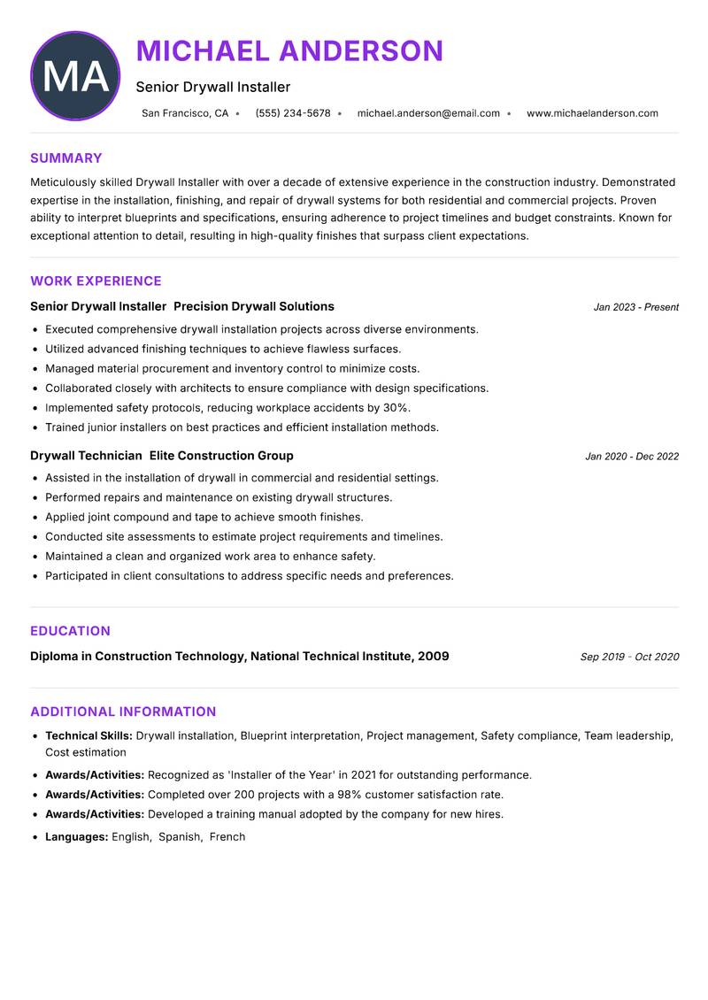 Drywall Installer resume example — ATS-friendly template