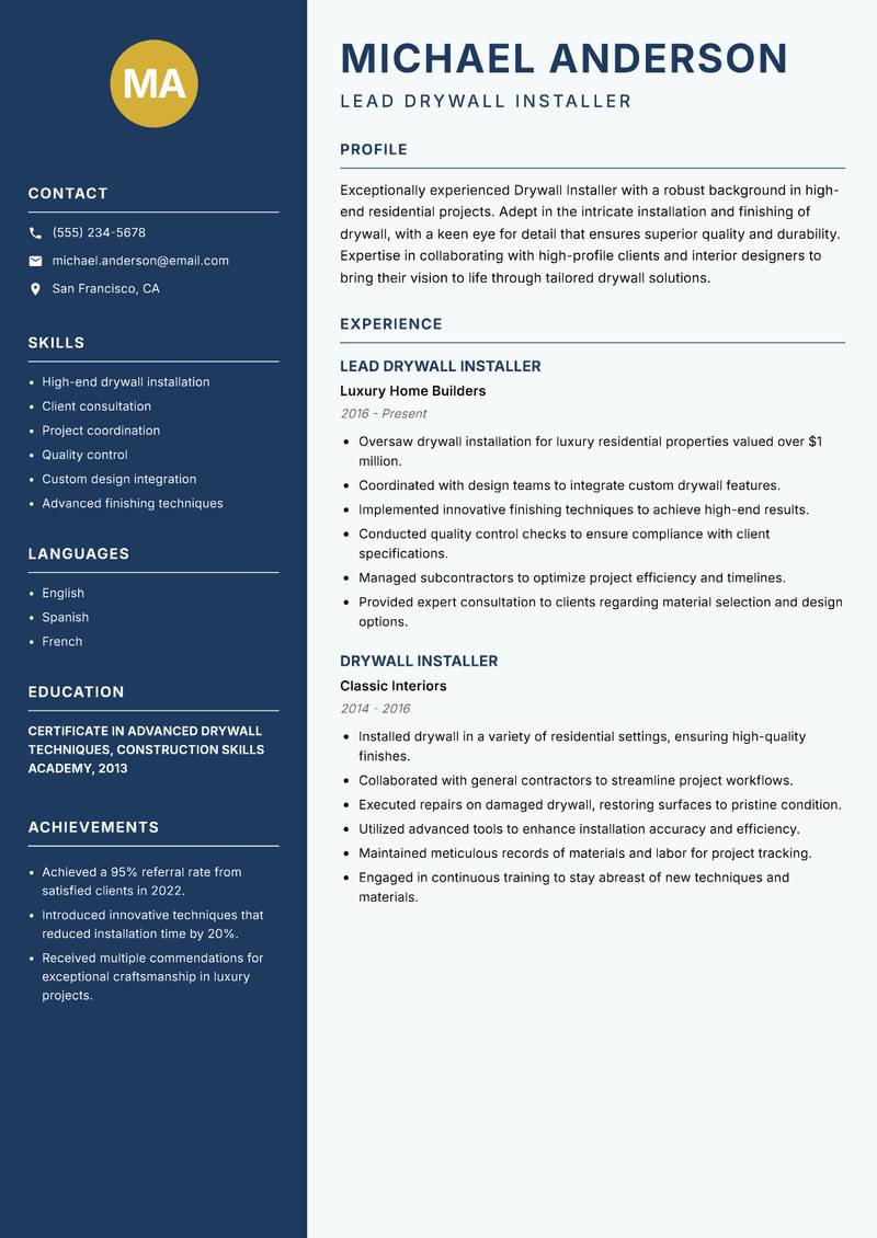 Drywall Installer resume template — Classic Clean