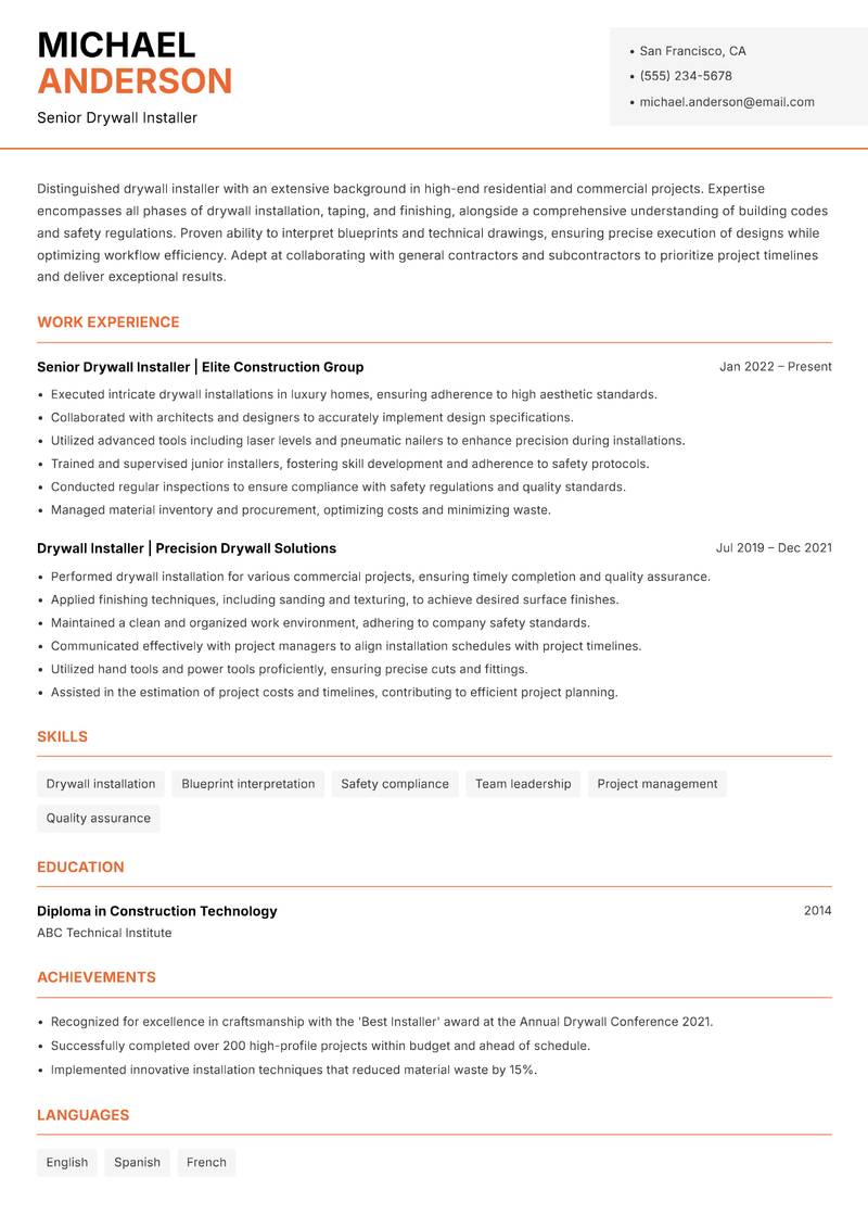 Drywall Installer resume template — Modern Professional