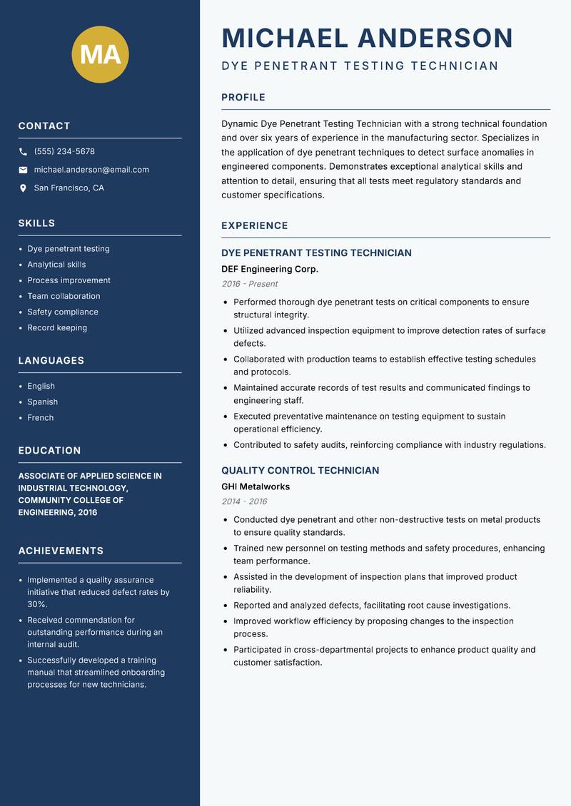 Dye Penetrant Testing Technician resume template — Classic Clean