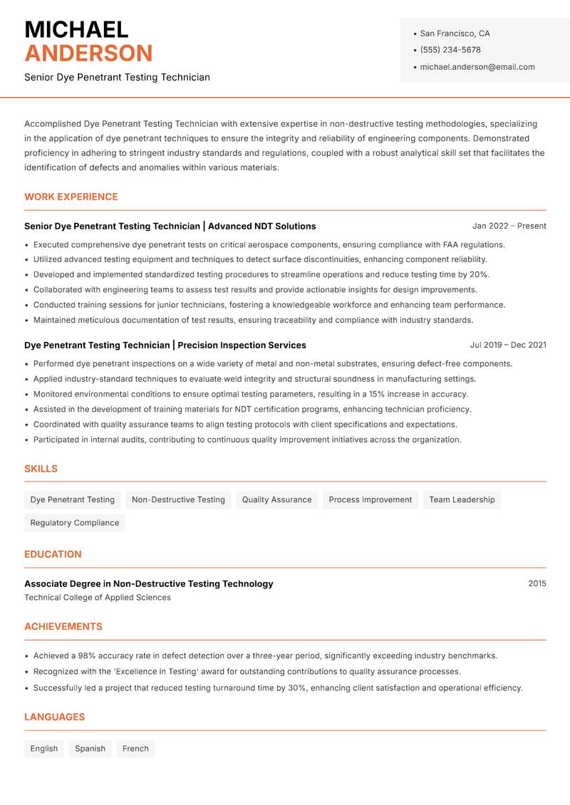 Dye Penetrant Testing Technician resume template — Modern Professional