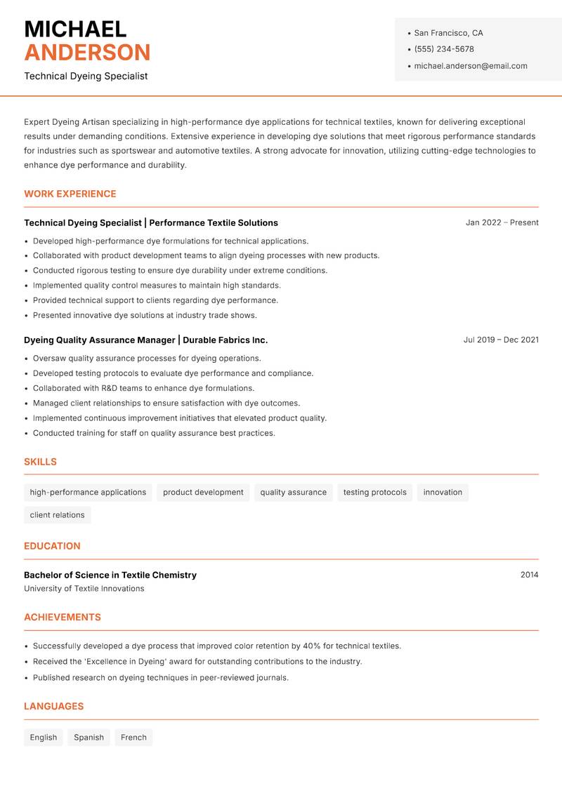 Dyeing Artisan resume template — Modern Professional