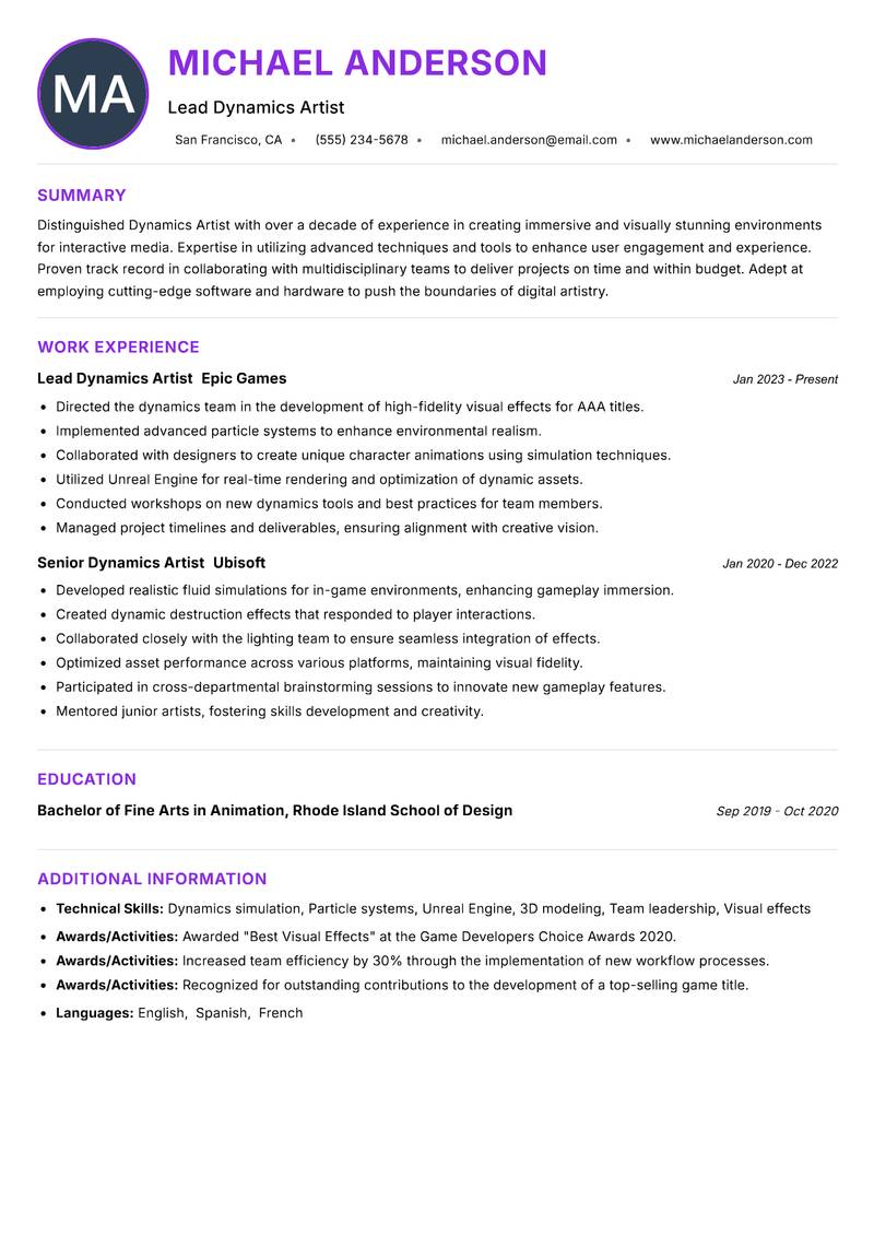Dynamics Artist resume example — ATS-friendly template