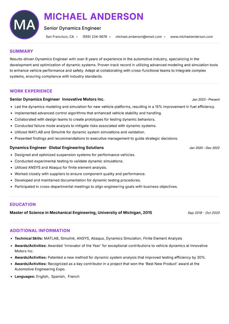 Dynamics Engineer resume example — ATS-friendly template