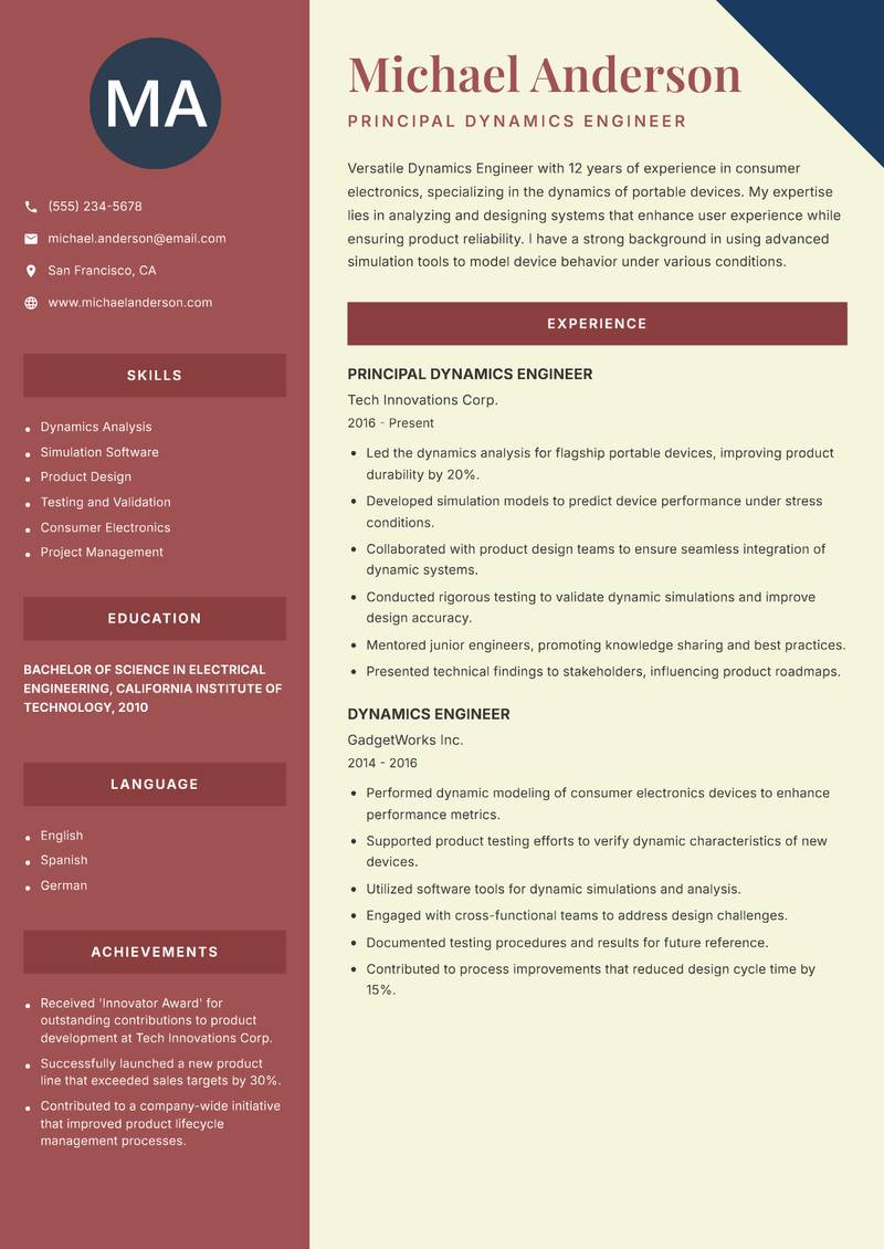 Dynamics Engineer resume template — Two Column