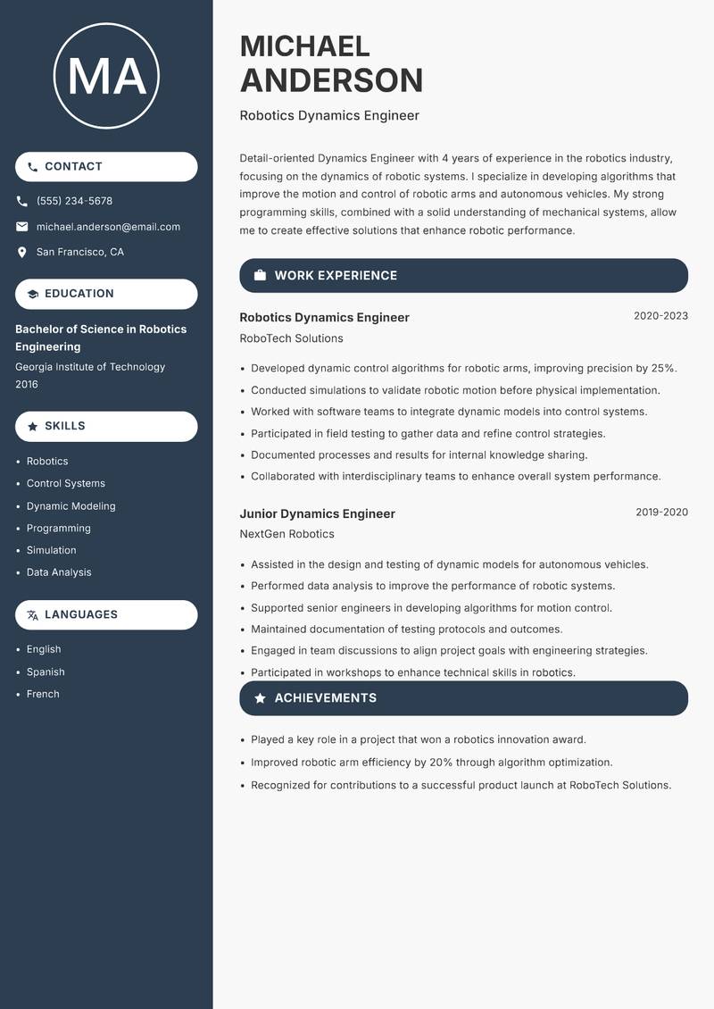Dynamics Engineer resume template — Compact