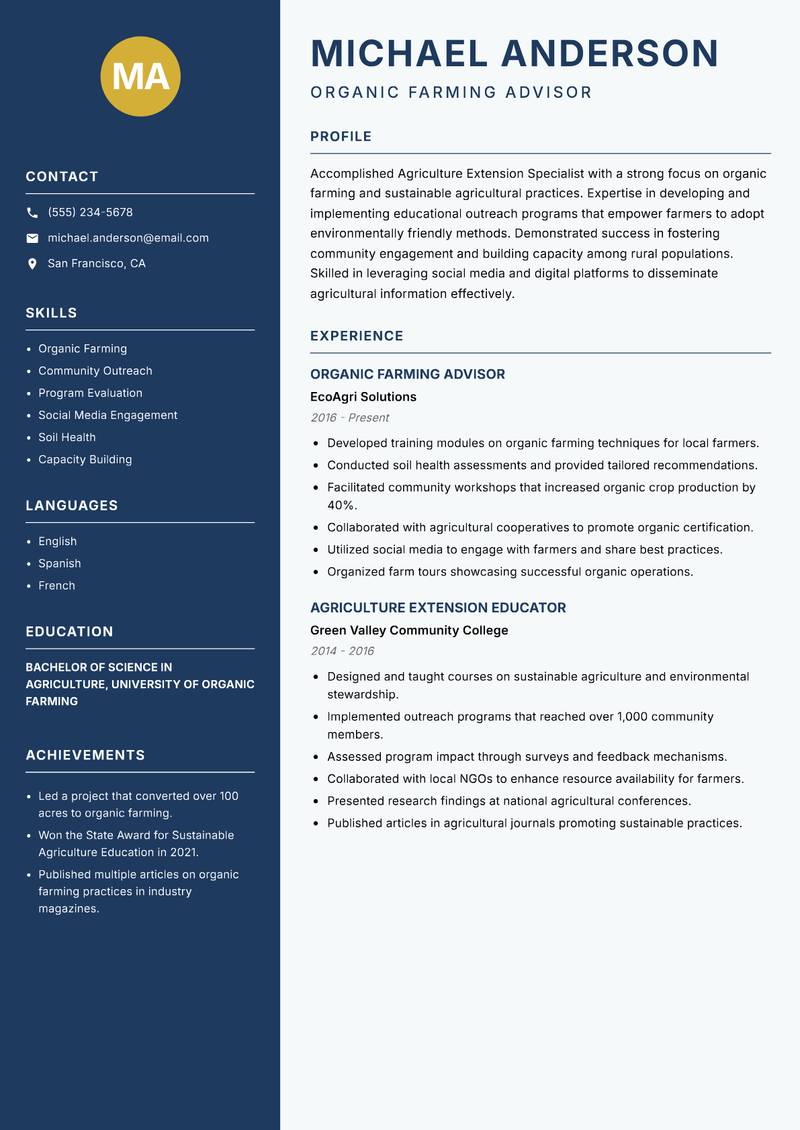 e Agriculture Extension Specialist resume template — Classic Clean