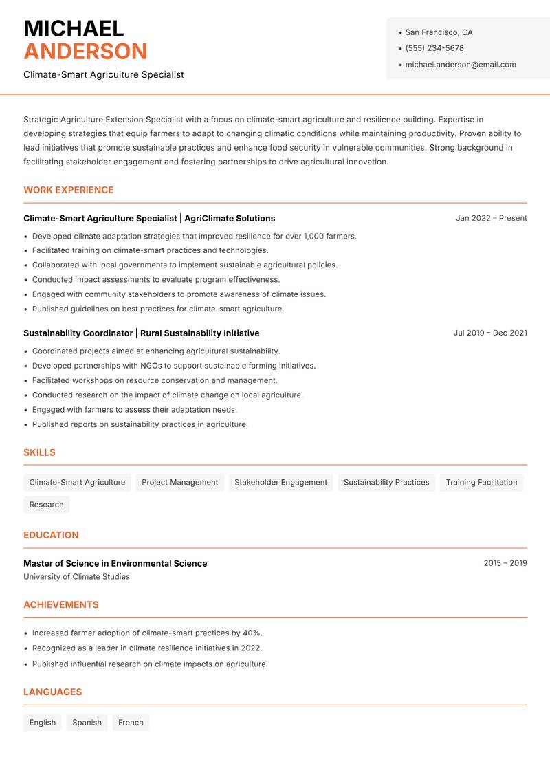 e Agriculture Extension Specialist resume template — Modern Professional