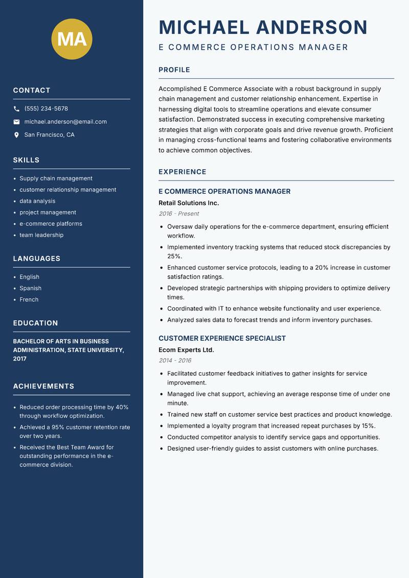 E Commerce Associate resume template — Classic Clean