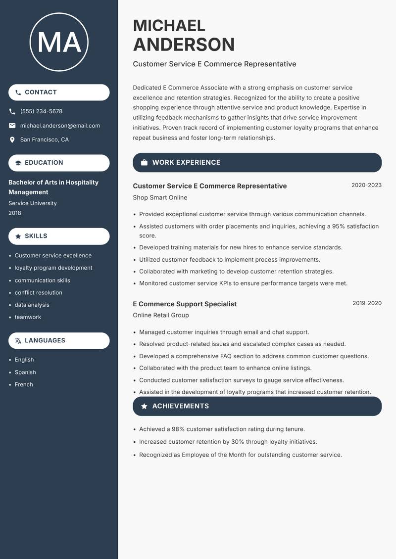 E Commerce Associate resume template — Compact