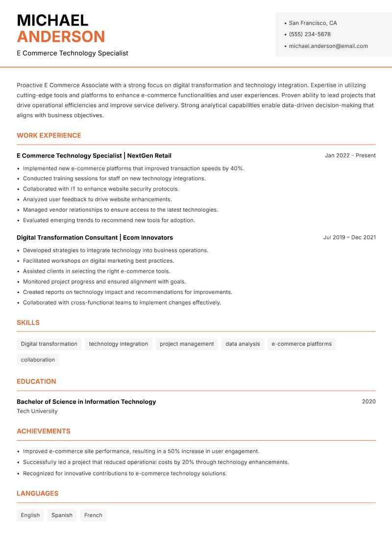 E Commerce Associate resume template — Modern Professional