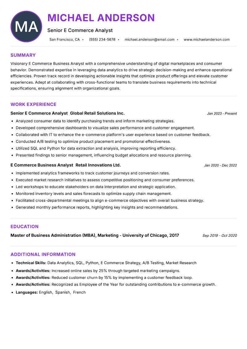 E Commerce Business Analyst resume example — ATS-friendly template