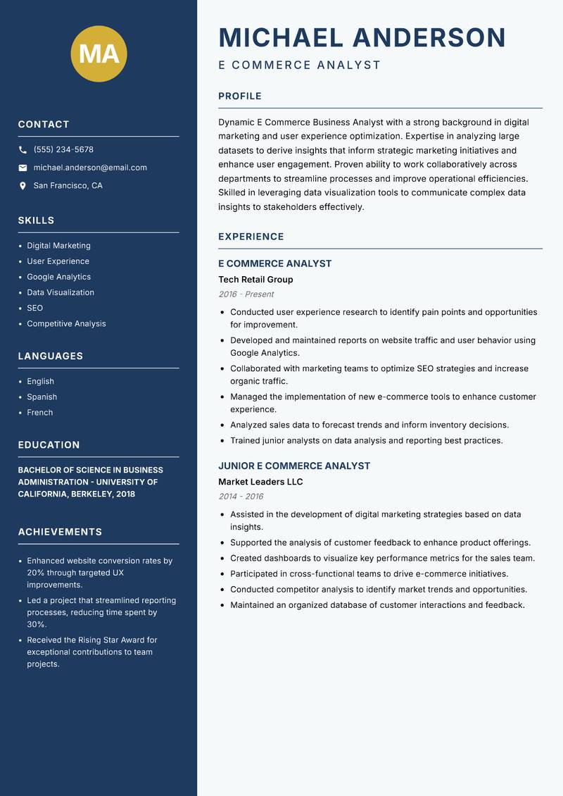 E Commerce Business Analyst resume template — Classic Clean