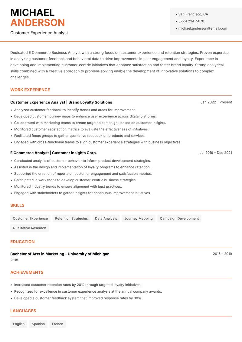 E Commerce Business Analyst resume template — Modern Professional
