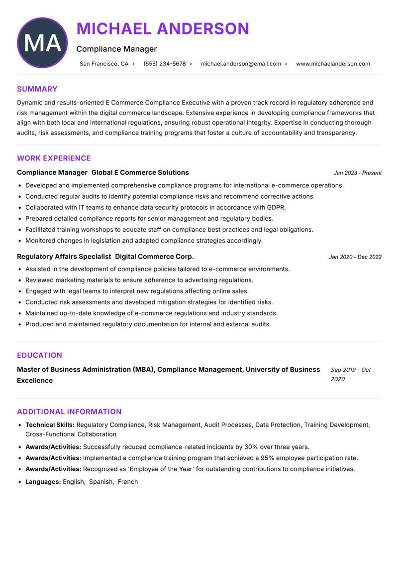 E Commerce Compliance Executive resume example — ATS-friendly template