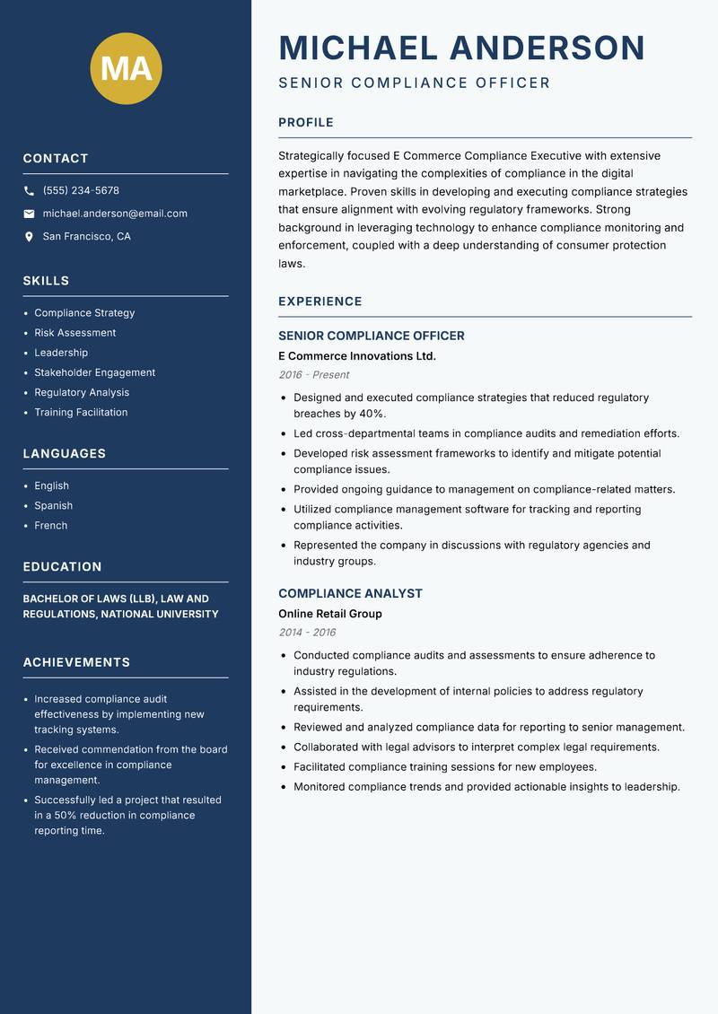 E Commerce Compliance Executive resume template — Classic Clean