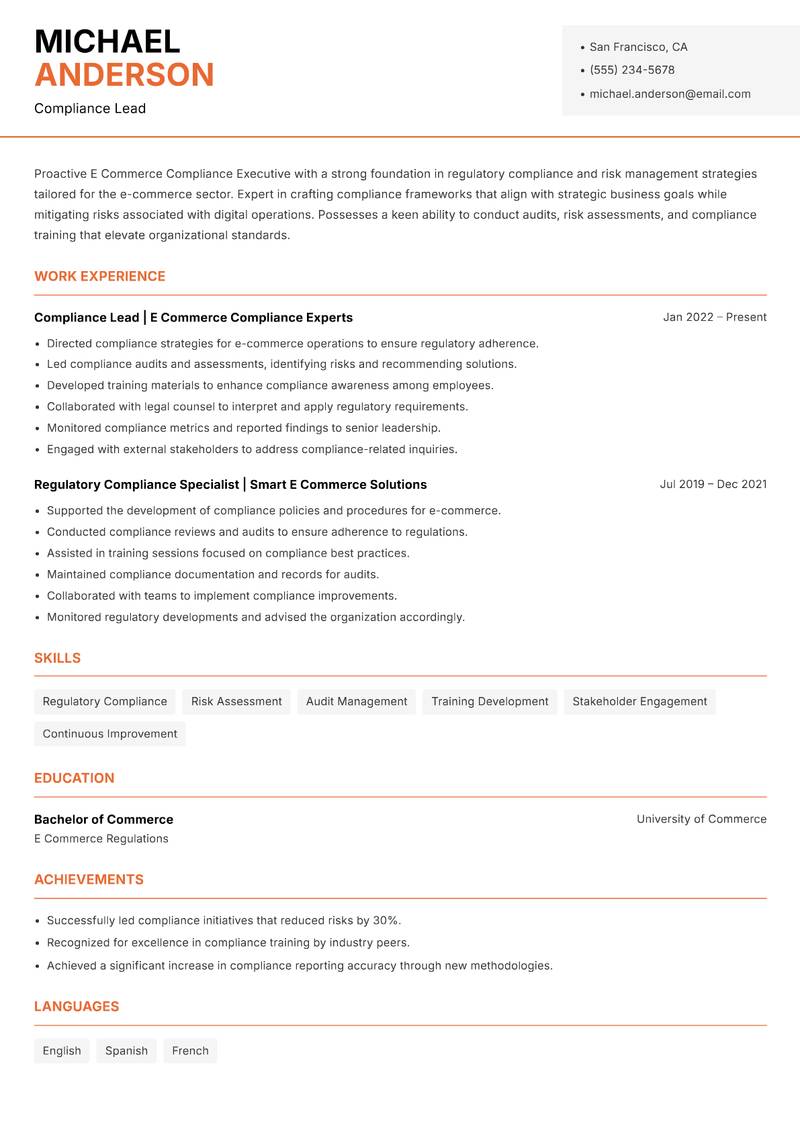 E Commerce Compliance Executive resume template — Modern Professional