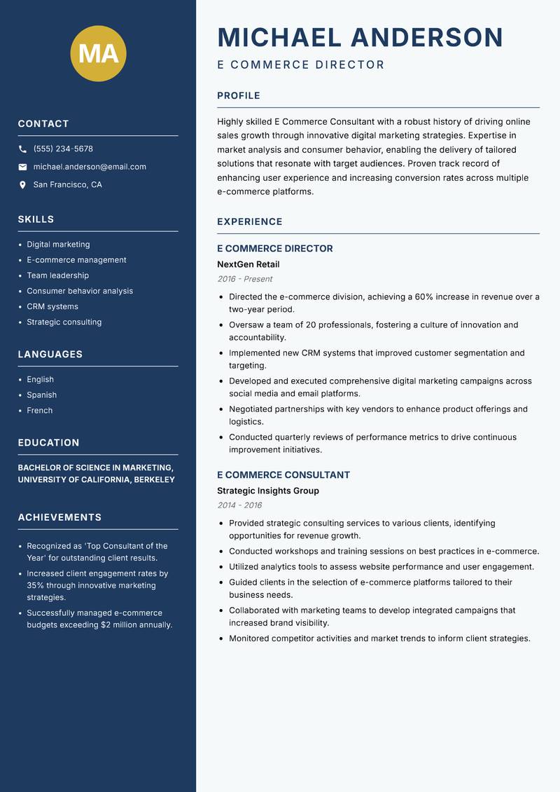 E Commerce Consultant resume template — Classic Clean