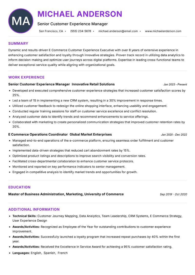 E Commerce Customer Experience Executive resume example — ATS-friendly template