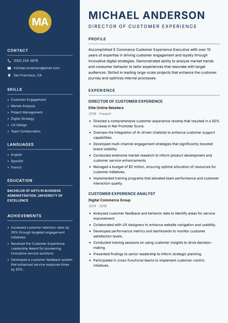 E Commerce Customer Experience Executive resume template — Classic Clean