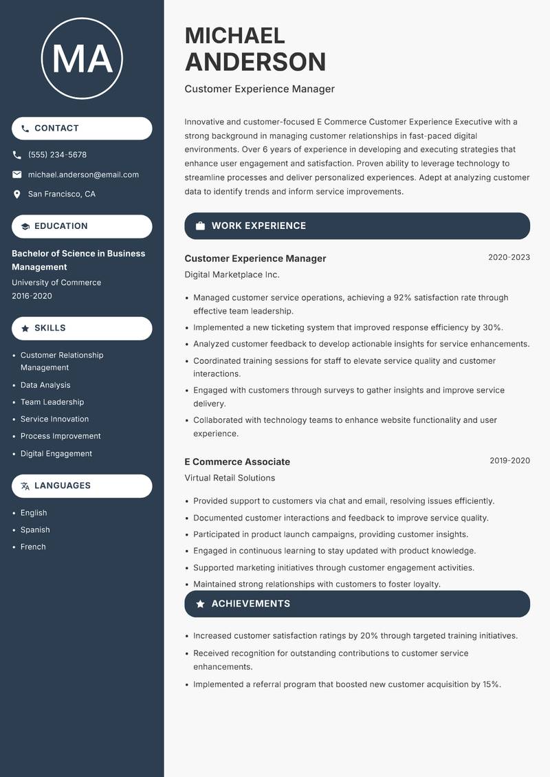 E Commerce Customer Experience Executive resume template — Compact