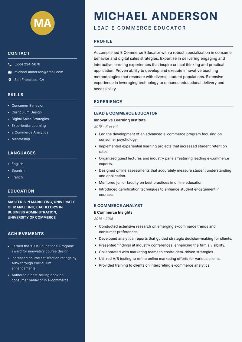 E Commerce Educator resume template — Classic Clean