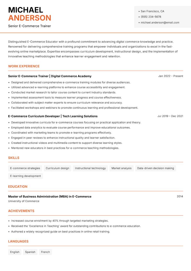 E Commerce Educator resume template — Modern Professional