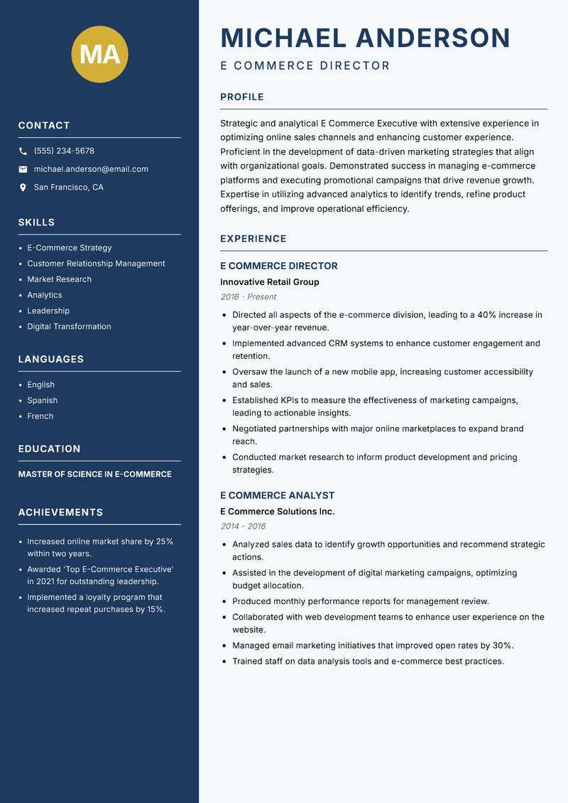 E Commerce Executive resume template — Classic Clean
