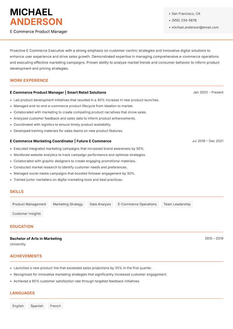 E Commerce Executive resume template — Modern Professional