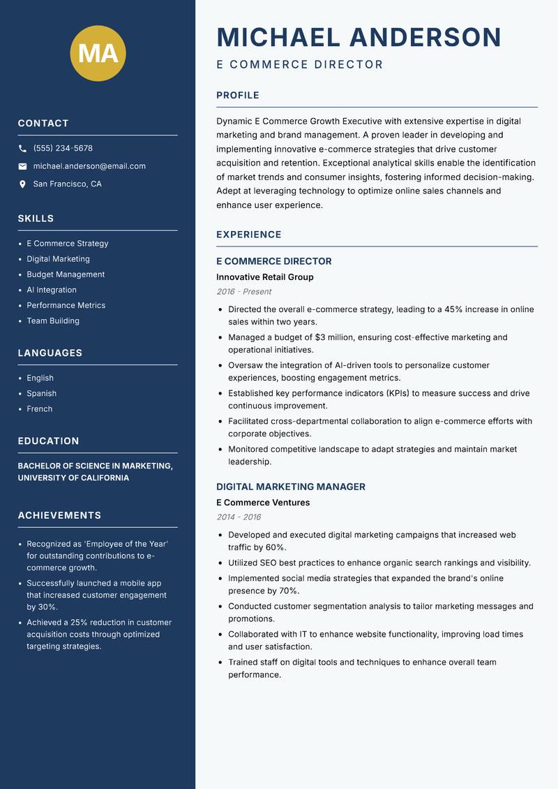 E Commerce Growth Executive resume template — Classic Clean