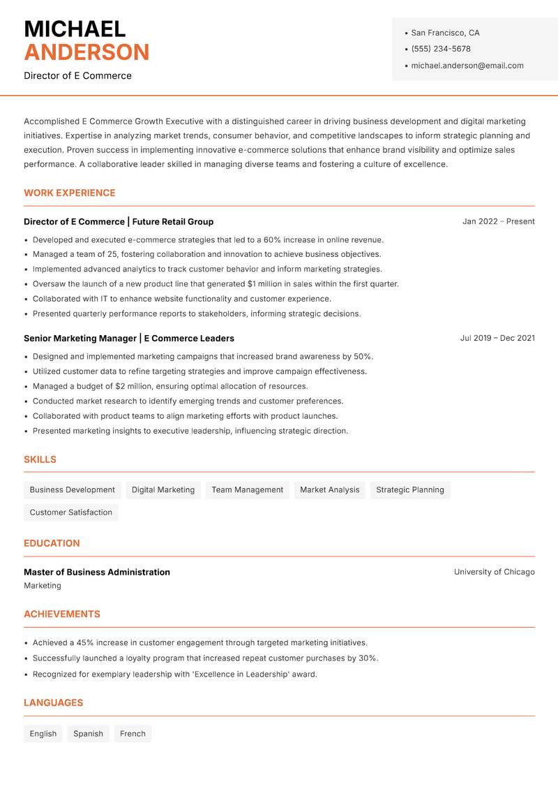 E Commerce Growth Executive resume template — Modern Professional