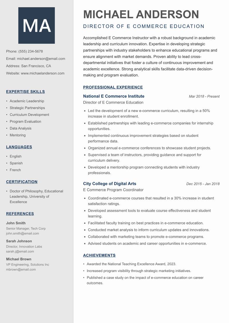E Commerce Instructor resume template — Creative Minimal