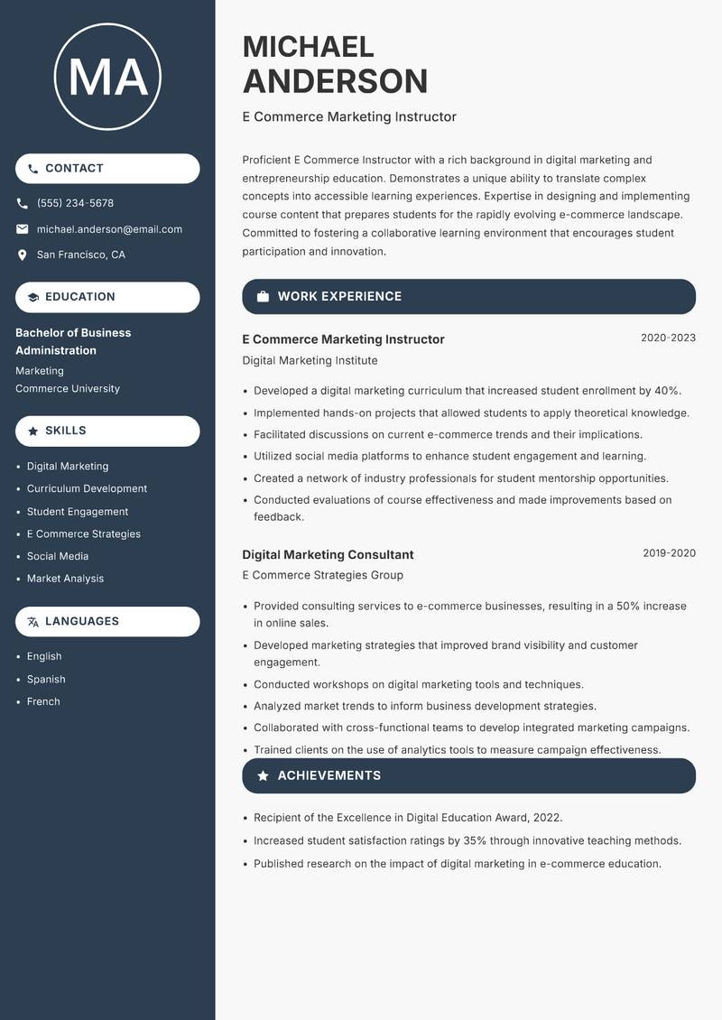 E Commerce Instructor resume template — Compact